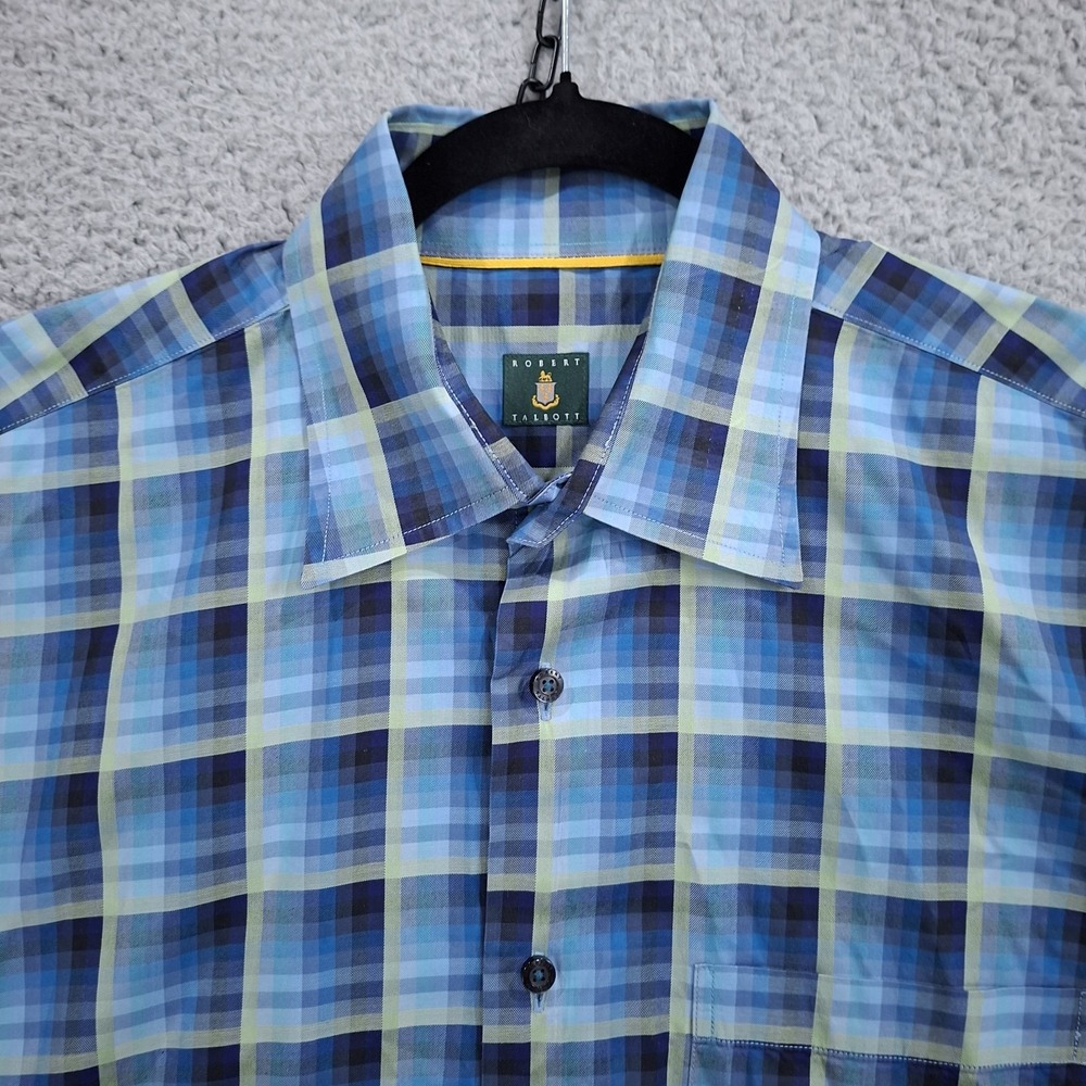 Robert Talbott Plaid Dress Shirt Blue Gradient Size L Curved Hem Button-Down